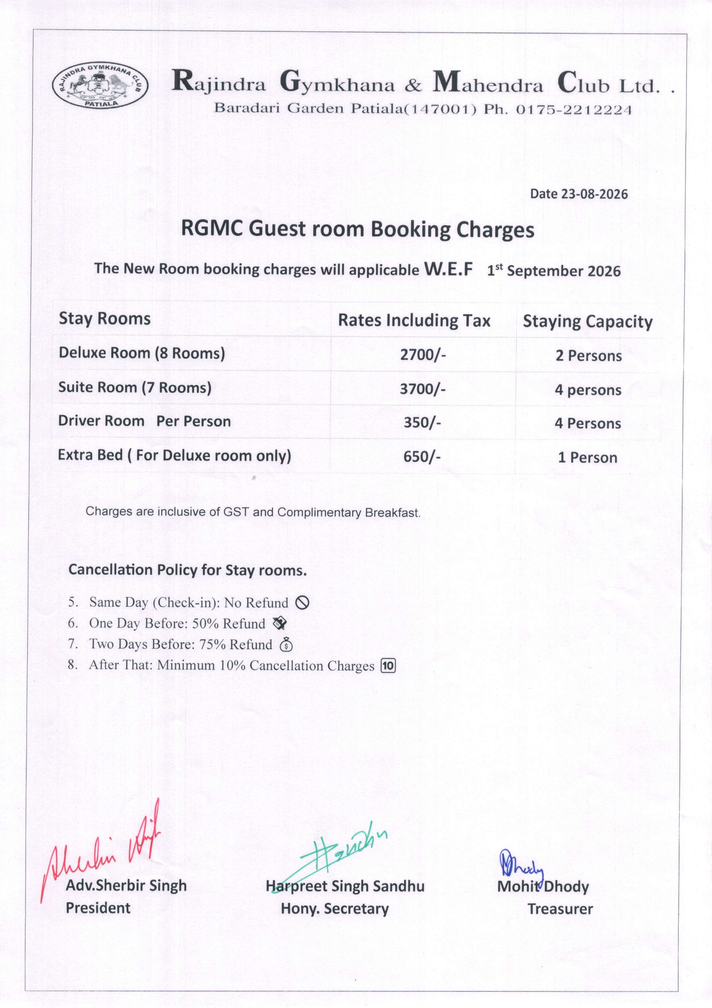 Stay Room Booking Tariff Revised