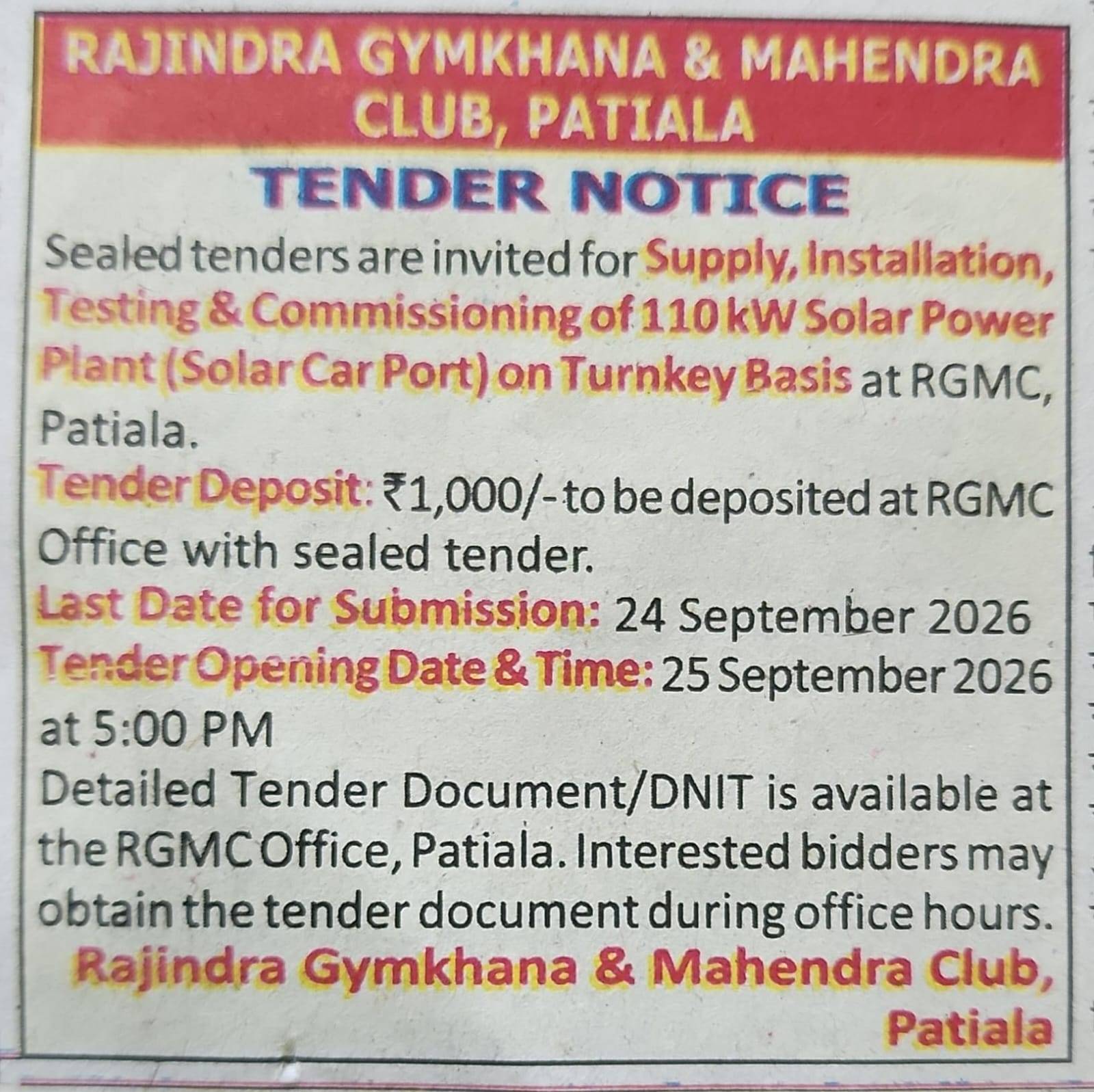 SOLAR TENDER NOTICE
